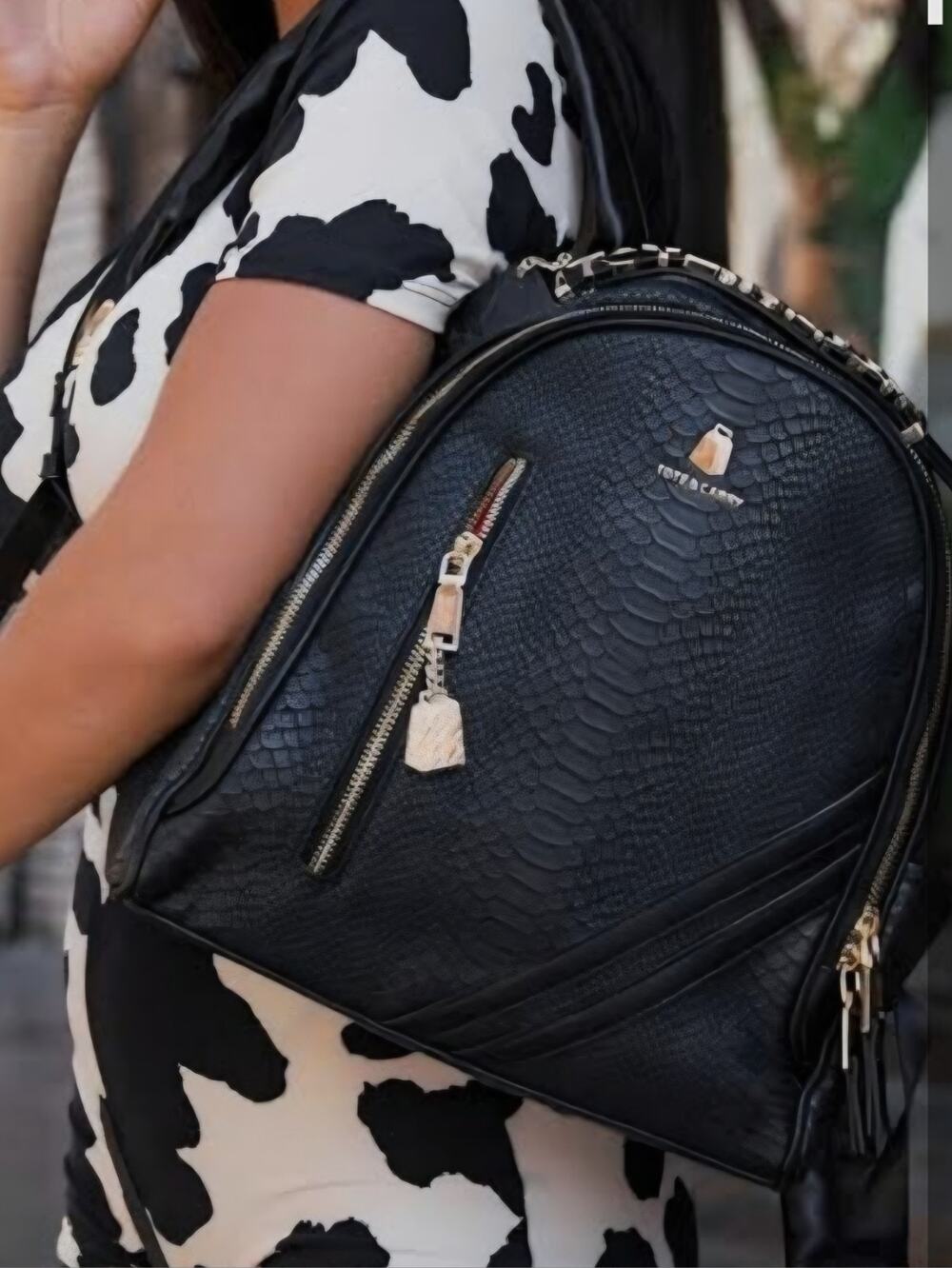 NEW Tote & Carry Black Textured Faux Leather Backpack Gold Hardware Red Lining